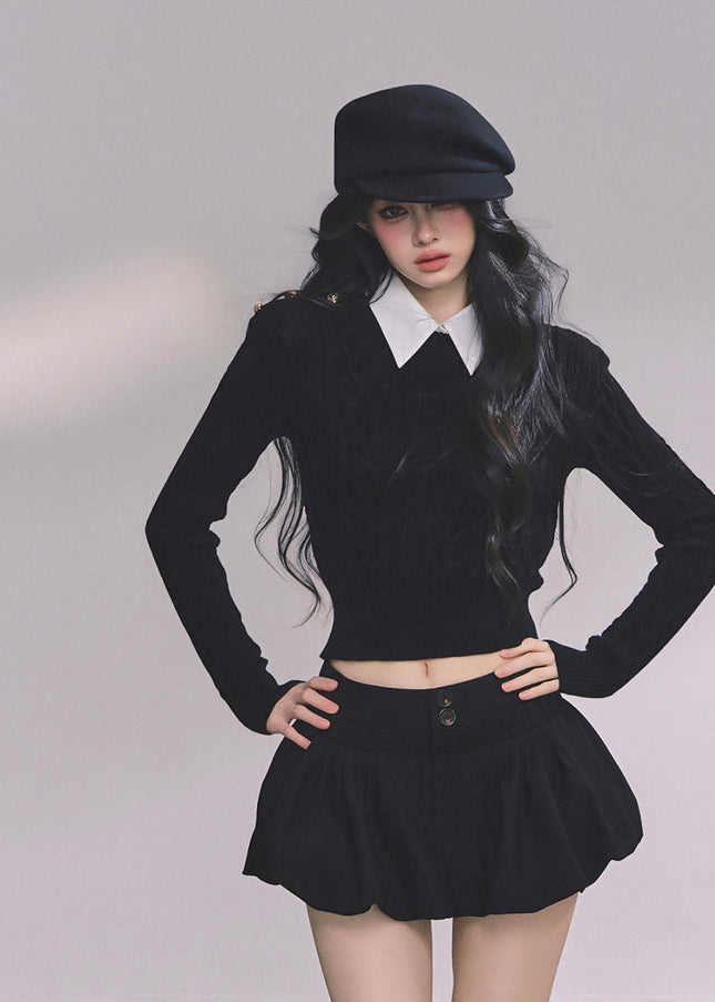 Preppy Layered Crop Knit - Black