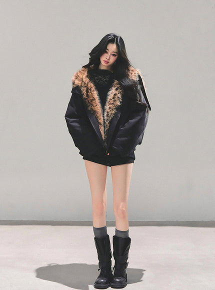 Faux Fur Trim Volume Jacket - Black