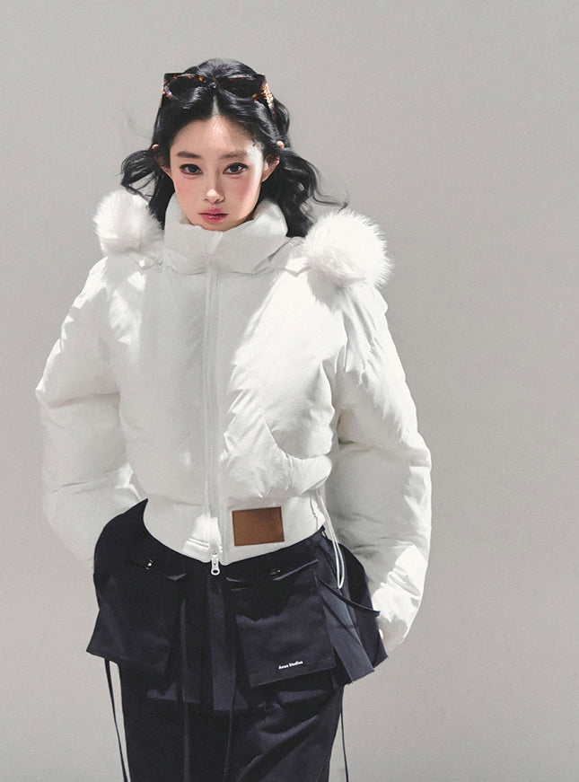 Minimal Fur Hood Puffer Jacket - Cream