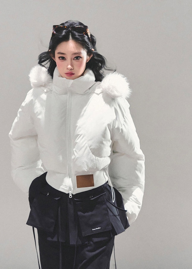 Minimal Fur Hood Puffer Jacket - Cream