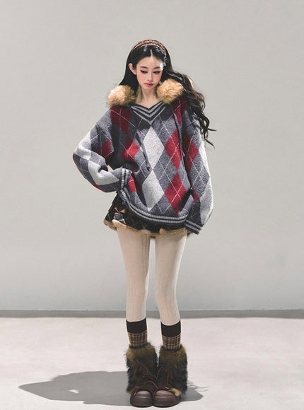 Argyle Fur Trim Knit Hoodie
