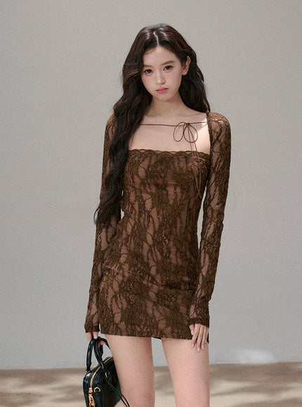 Sheer Ribbon Lace Slim Dress - Brown