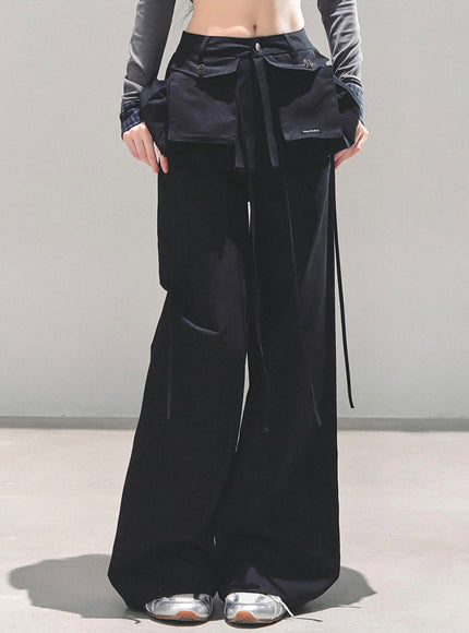 Utility Strap Wide-Leg Pants - Black