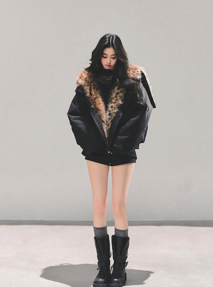 Faux Fur Trim Volume Jacket - Black