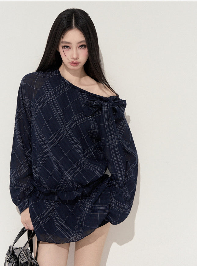 Lumi Check Ribbon Navy Mini Dress
