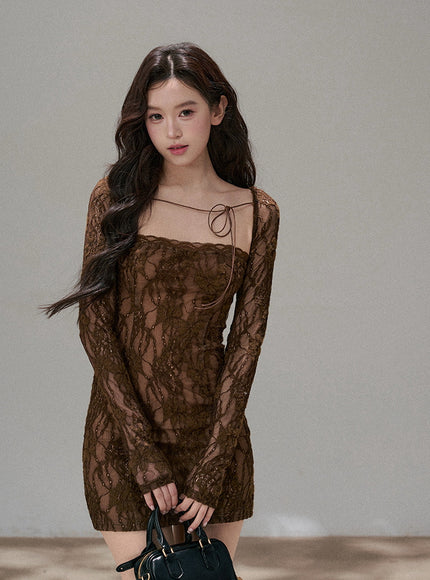 Sheer Ribbon Lace Slim Dress - Brown