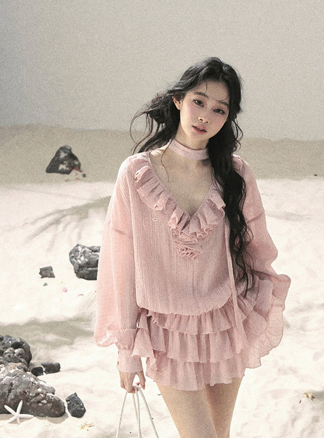Feathered Silence Mini Dress Set - Pink