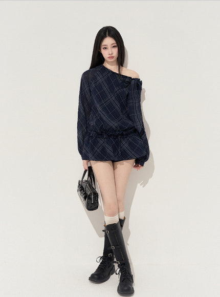 Lumi Check Ribbon Navy Mini Dress