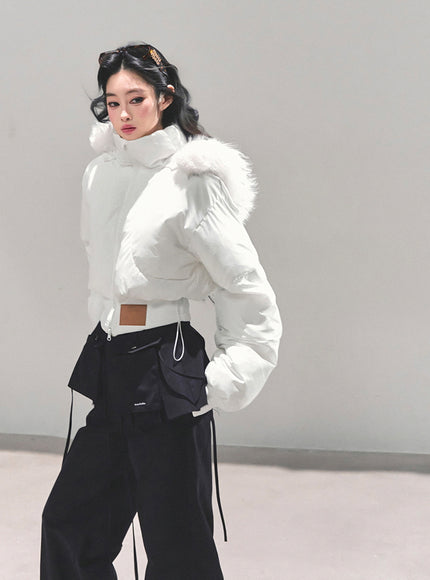Minimal Fur Hood Puffer Jacket - Cream