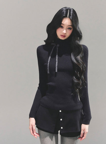 Ribbon Tie Turtleneck Knit - Black