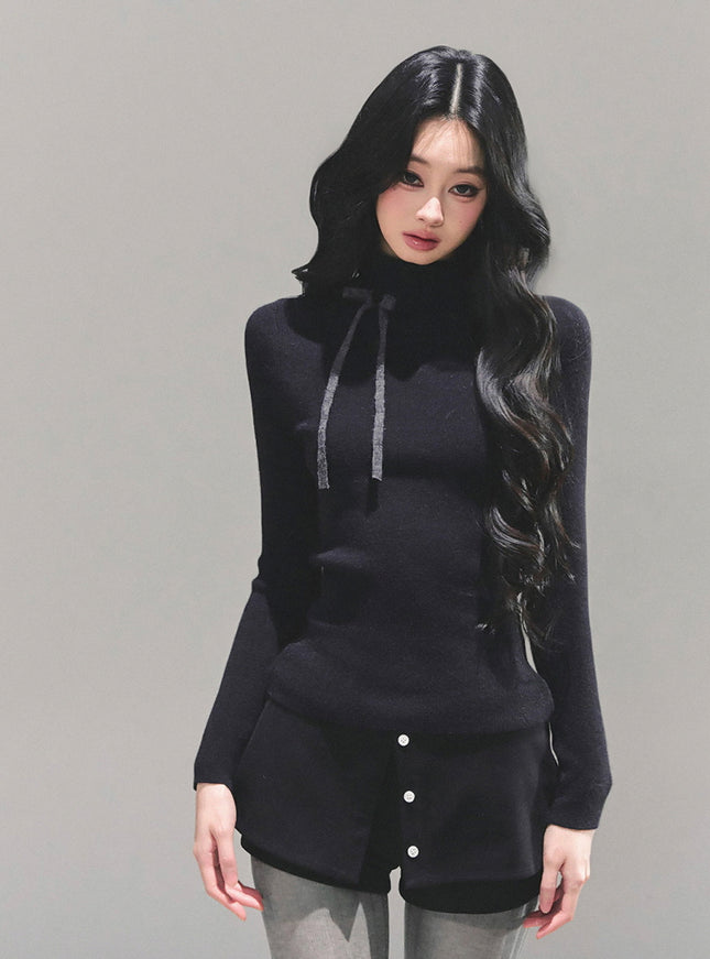 Ribbon Tie Turtleneck Knit - Black