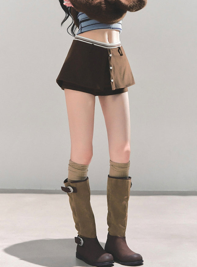 Layered Skort Shorts - Brown