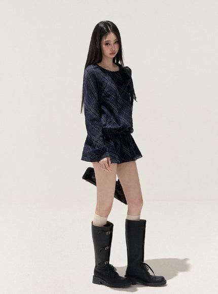 Lumi Check Ribbon Navy Mini Dress