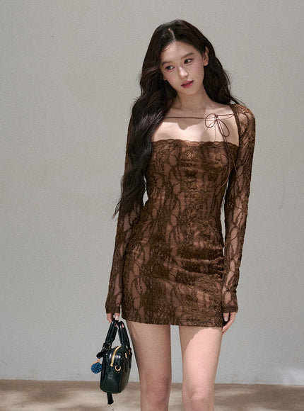 Sheer Ribbon Lace Slim Dress - Brown