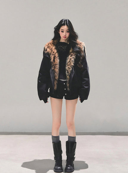 Faux Fur Trim Volume Jacket - Black