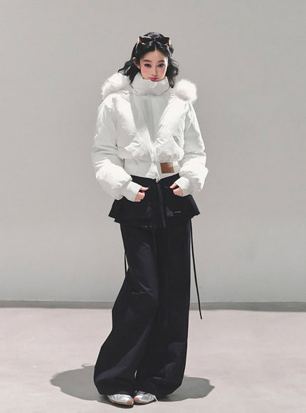 Minimal Fur Hood Puffer Jacket - Cream