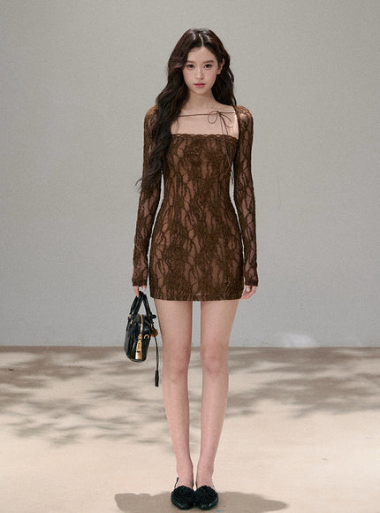 Sheer Ribbon Lace Slim Dress - Brown