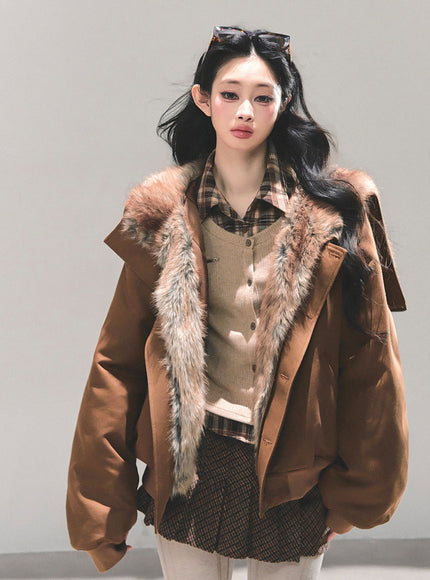 Faux Fur Trim Volume Jacket - Brown