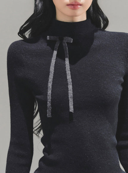 Ribbon Tie Turtleneck Knit - Black