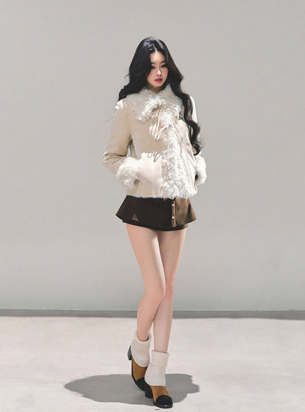 Furry Ribbon Charm Jacket - Apricot