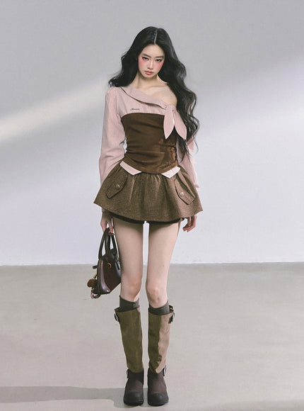 Sculpted Ribbon Top - Brown