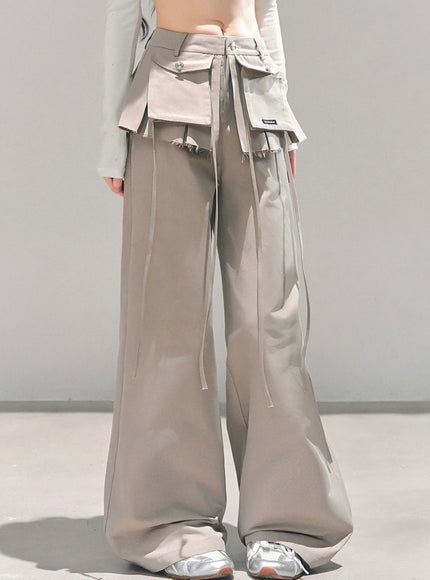 Utility Strap Wide-Leg Pants - Beige