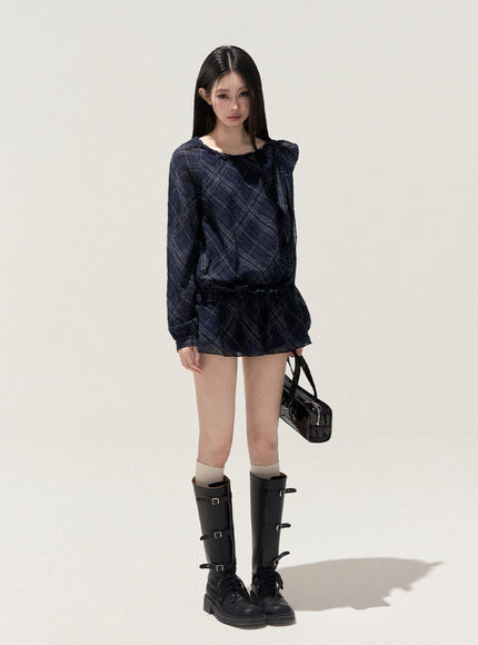 Lumi Check Ribbon Navy Mini Dress