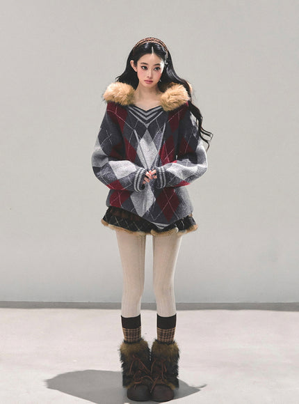 Argyle Fur Trim Knit Hoodie