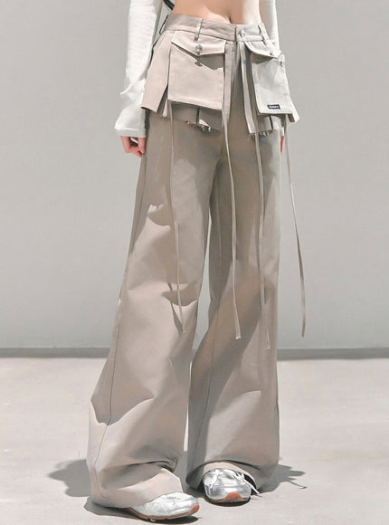 Utility Strap Wide-Leg Pants - Beige