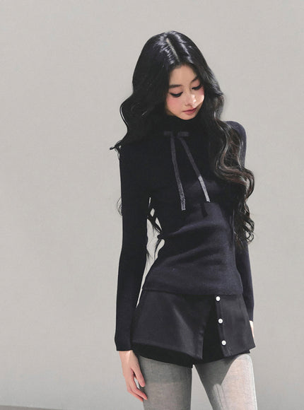 Ribbon Tie Turtleneck Knit - Black