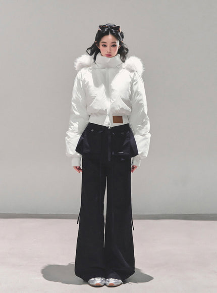 Minimal Fur Hood Puffer Jacket - Cream