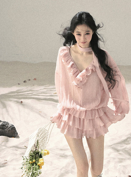 Feathered Silence Mini Dress Set - Pink