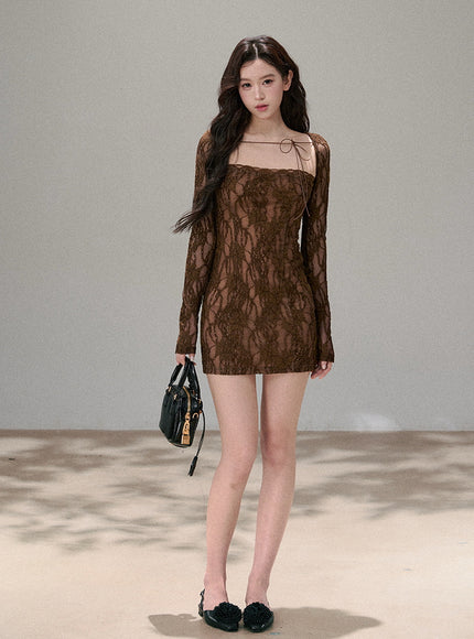 Sheer Ribbon Lace Slim Dress - Brown