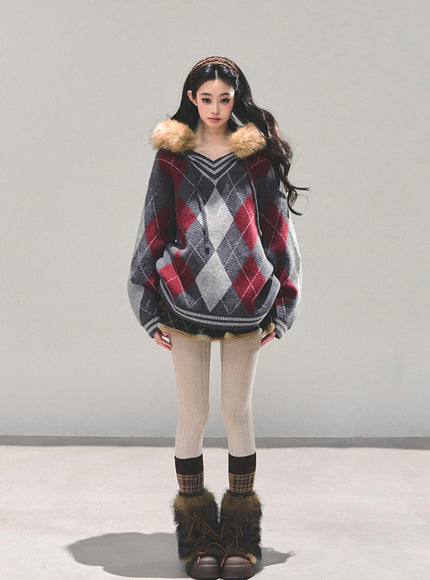 Argyle Fur Trim Knit Hoodie