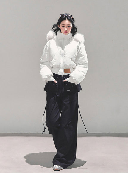 Minimal Fur Hood Puffer Jacket - Cream