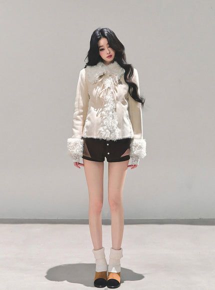 Furry Ribbon Charm Jacket - Apricot