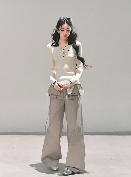 Utility Strap Wide-Leg Pants - Beige