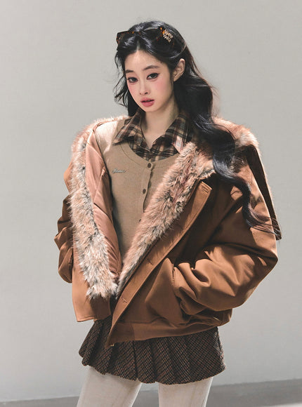 Faux Fur Trim Volume Jacket - Brown