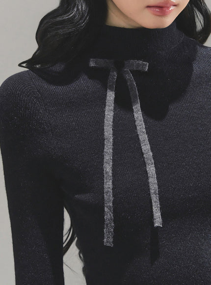 Ribbon Tie Turtleneck Knit - Black