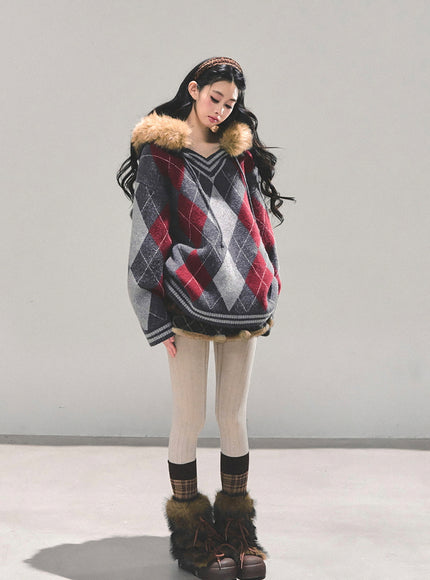 Argyle Fur Trim Knit Hoodie