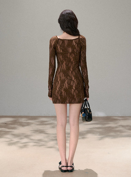 Sheer Ribbon Lace Slim Dress - Brown