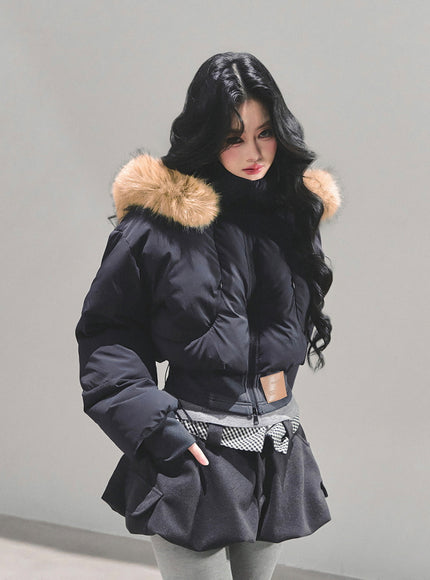 Minimal Fur Hood Puffer Jacket - Black