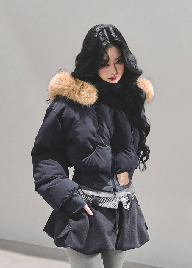 Minimal Fur Hood Puffer Jacket - Black