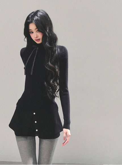 Ribbon Tie Turtleneck Knit - Black