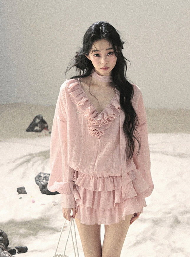 Feathered Silence Mini Dress Set - Pink