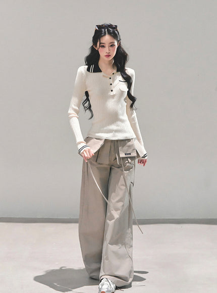 Utility Strap Wide-Leg Pants - Beige