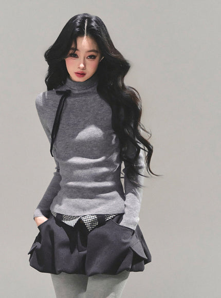 Ribbon Tie Turtleneck Knit - Gray
