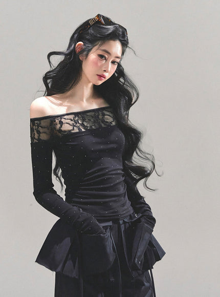 Stardust Sheer Lace Top - Black