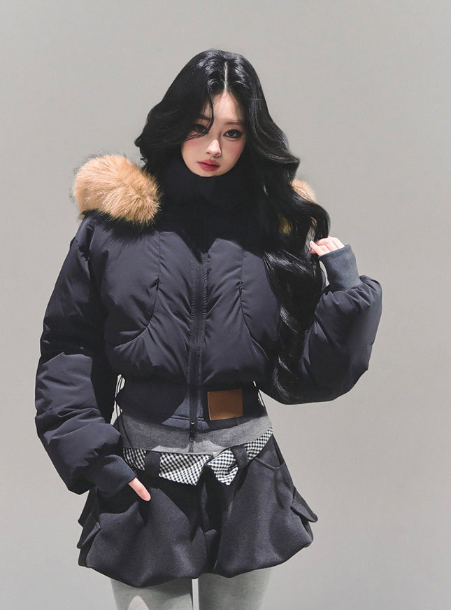 Minimal Fur Hood Puffer Jacket - Black