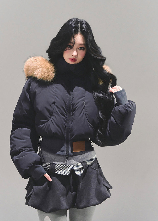 Minimal Fur Hood Puffer Jacket - Black